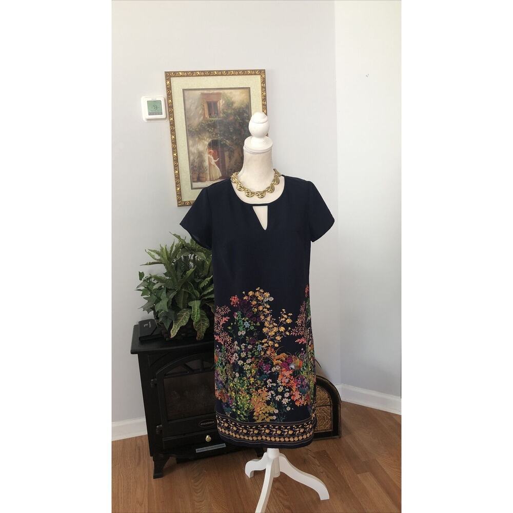 MERONA Black Knee Length Sheath Dress Women's Medium Cap Sleeve Keyhole Neck